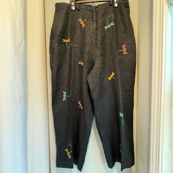 Sarah Spencer18W Black 100% Linen Pants | Embroidered Dragonflies | Plus | Good - Picture 1 of 10